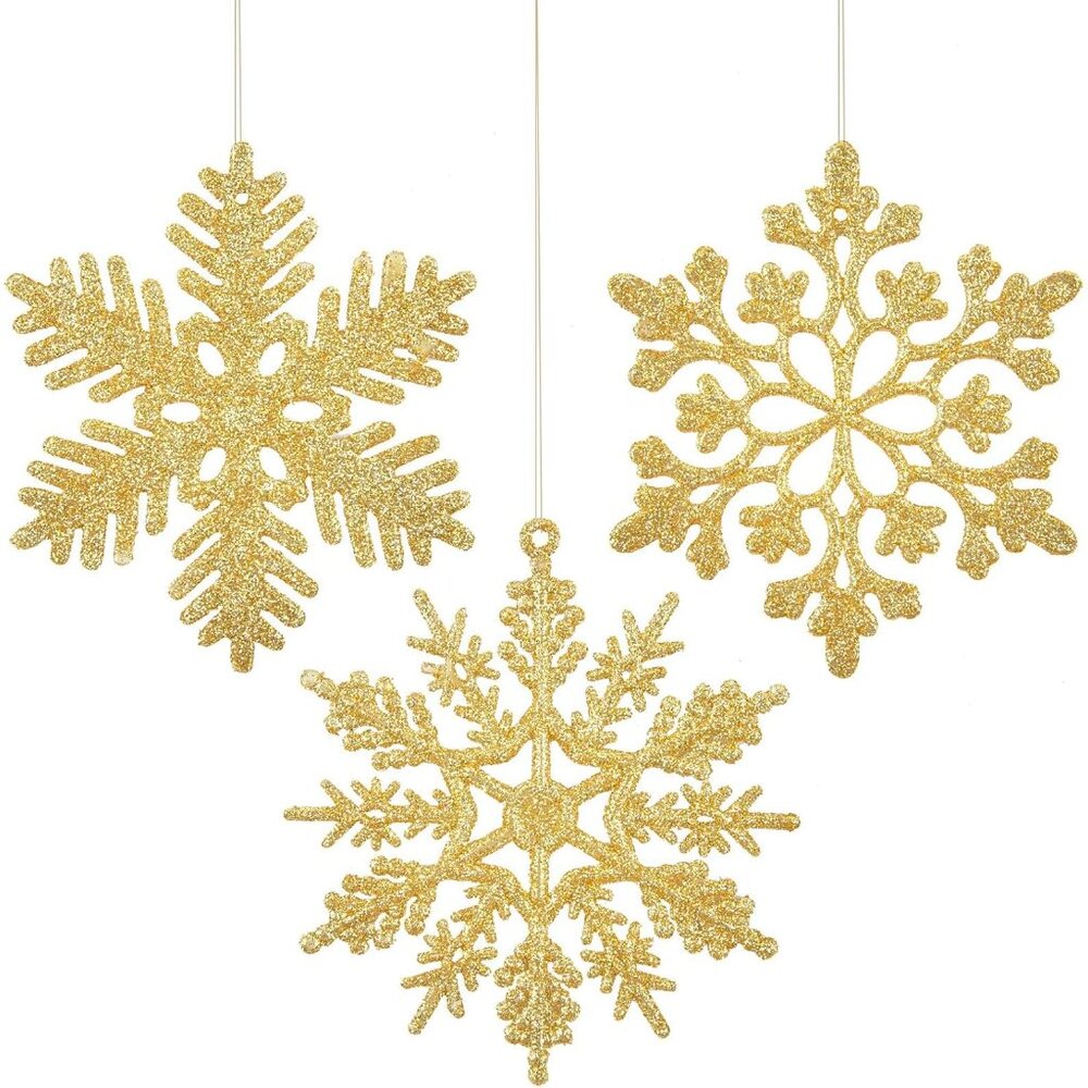 36 Pcs Gold Glitter Christmas Snowflake Ornaments, 4 Inch Plastic Hanging Decora